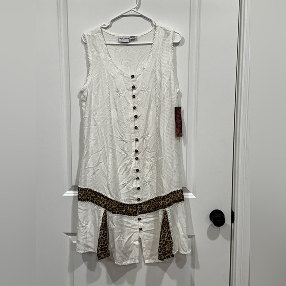 NWT Raya Sun Ivory Embroidered Boho Dress Leopard Ruffle Sz XL - Picture 5 of 10